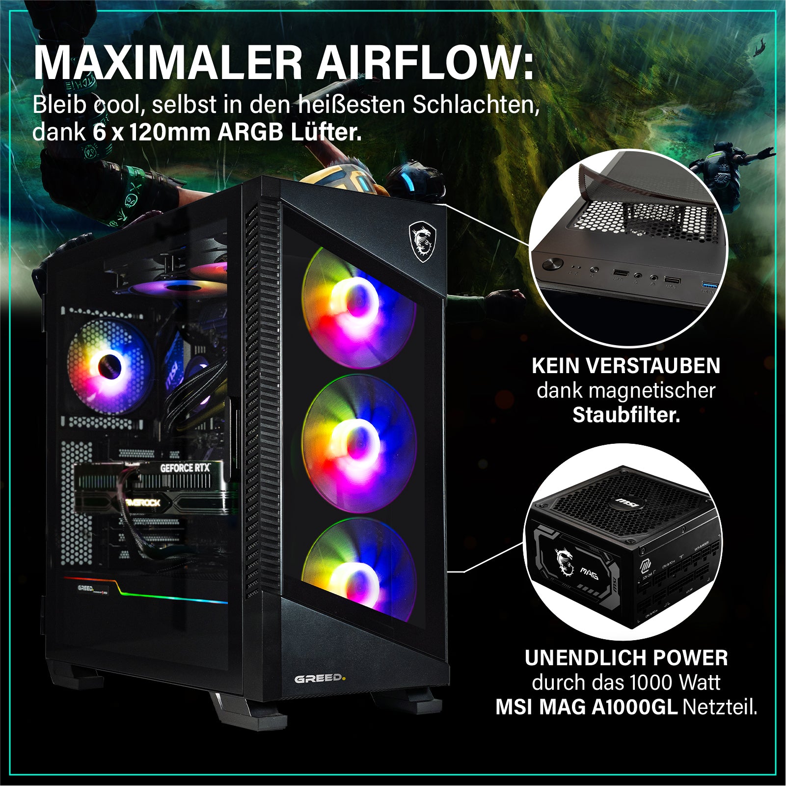 GREED® MK5 Pro Gaming PC – Intel Core i9 12900KF, Nvidia RTX 5080 16GB, 32GB DDR5, 2TB SSD, 5,6GHz, 4K Raytracing, RGB, WLAN, Windows 11 Pro GREED® MK5 Pro Gaming PC – Intel Core i9 12900KF, Nvidia RTX 5080 16GB, 32GB DDR5, 2TB SSD, 5,6GHz, 4K Raytracing, RGB, WLAN, Windows 11 Pro